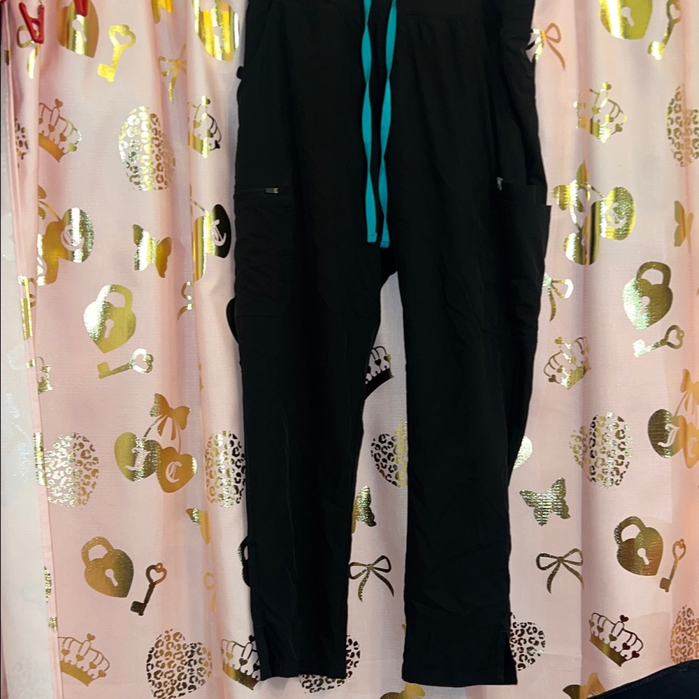 Figs Black Joggers with Teal Drawstring